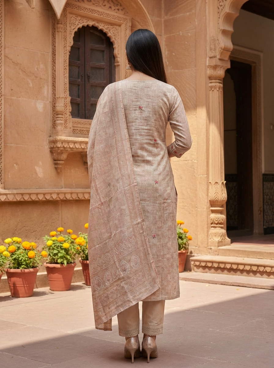 Elegant Beige Embroidered Salwar Kameez Set