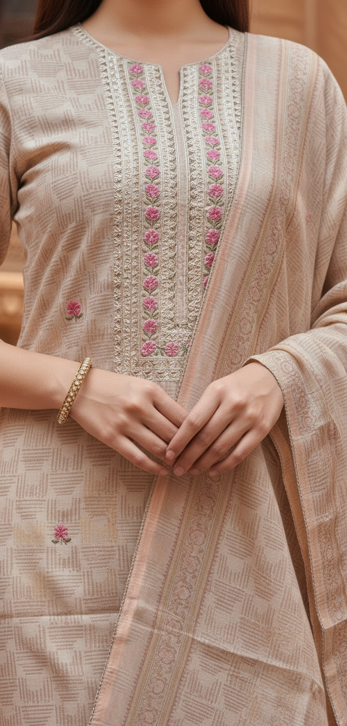 Elegant Beige Embroidered Salwar Kameez Set