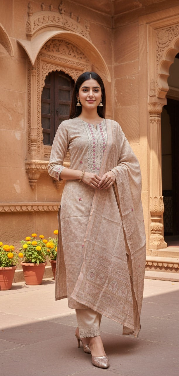 Elegant Beige Embroidered Salwar Kameez Set