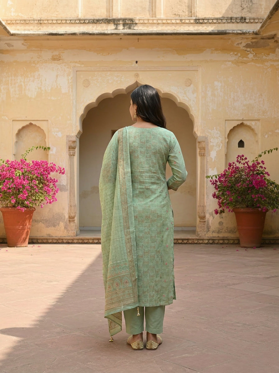 Sage Green Embroidered Cotton Salwar Suit Set