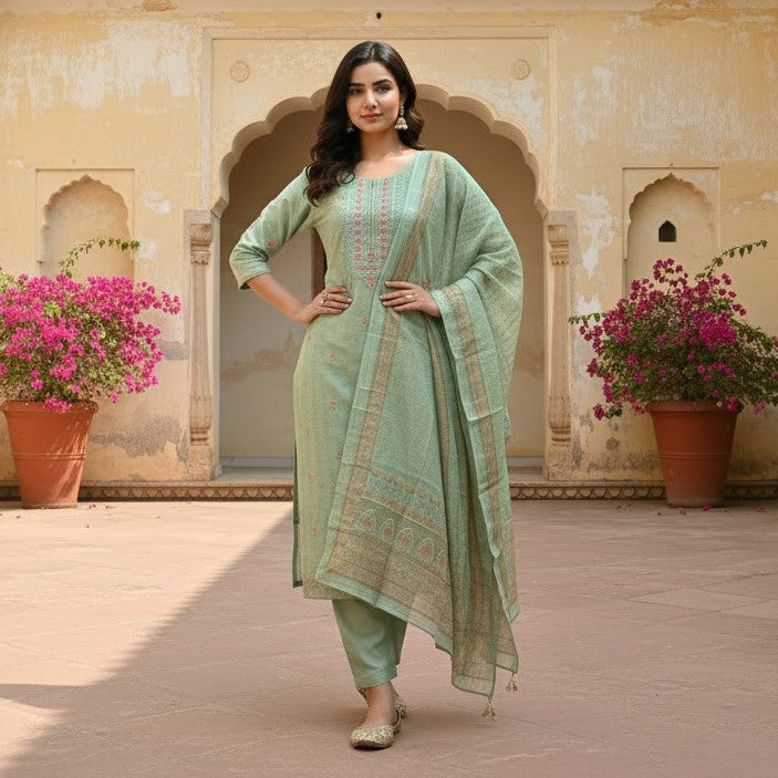 Sage Green Embroidered Cotton Salwar Suit Set