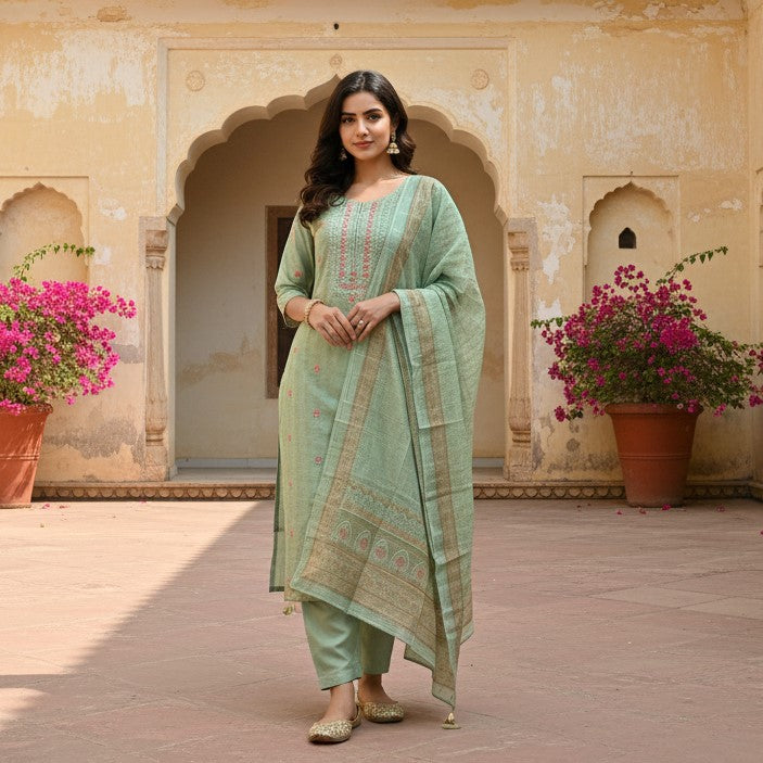 Sage Green Embroidered Cotton Salwar Suit Set