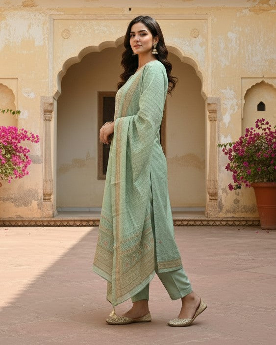 Sage Green Embroidered Cotton Salwar Suit Set