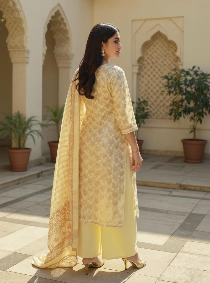Elegant Pale Yellow Printed Salwar Kameez Set