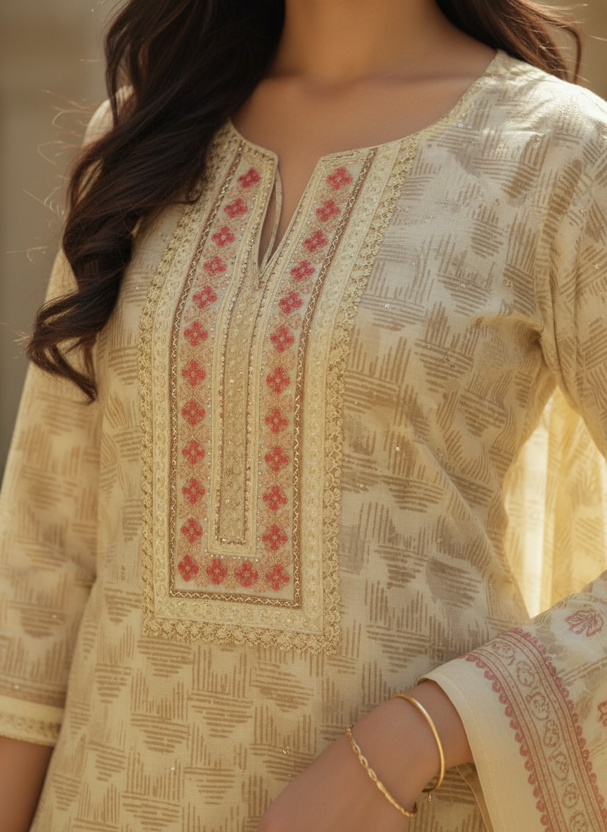 Elegant Pale Yellow Printed Salwar Kameez Set