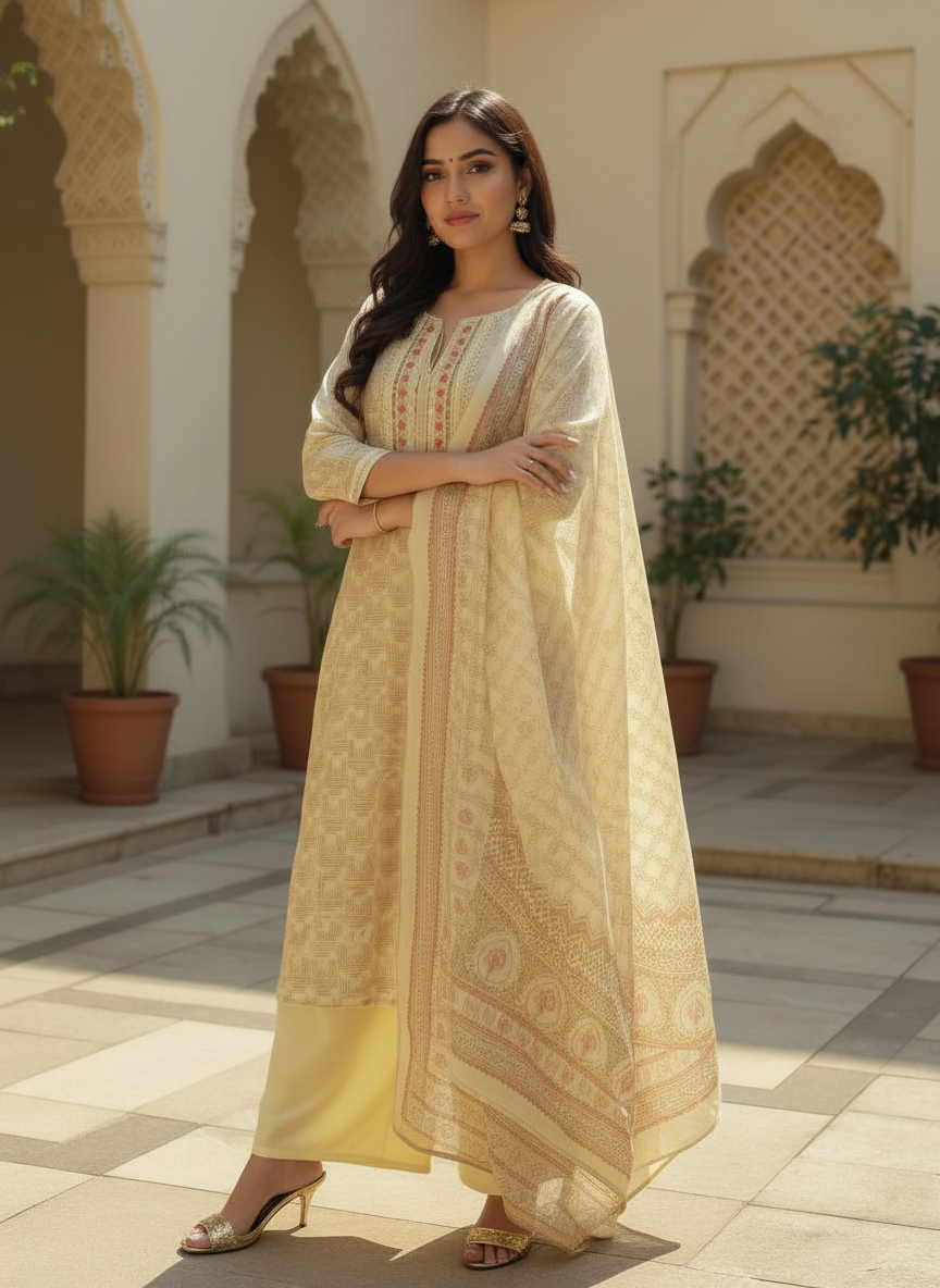 Elegant Pale Yellow Printed Salwar Kameez Set