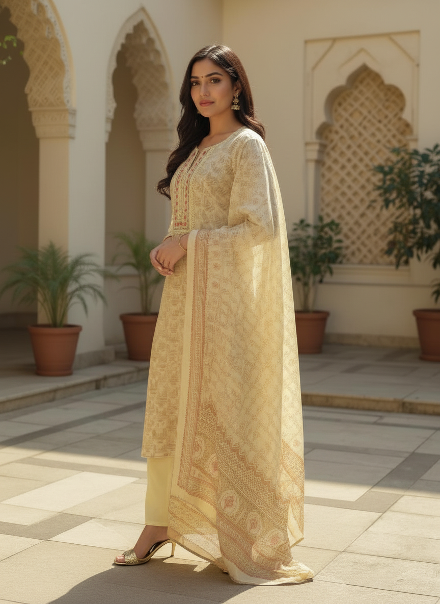 Elegant Pale Yellow Printed Salwar Kameez Set
