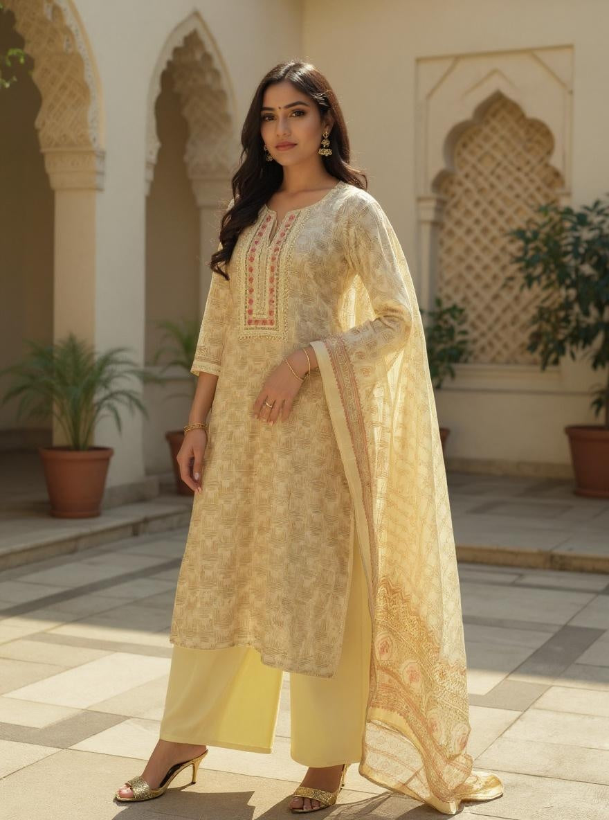 Elegant Pale Yellow Printed Salwar Kameez Set