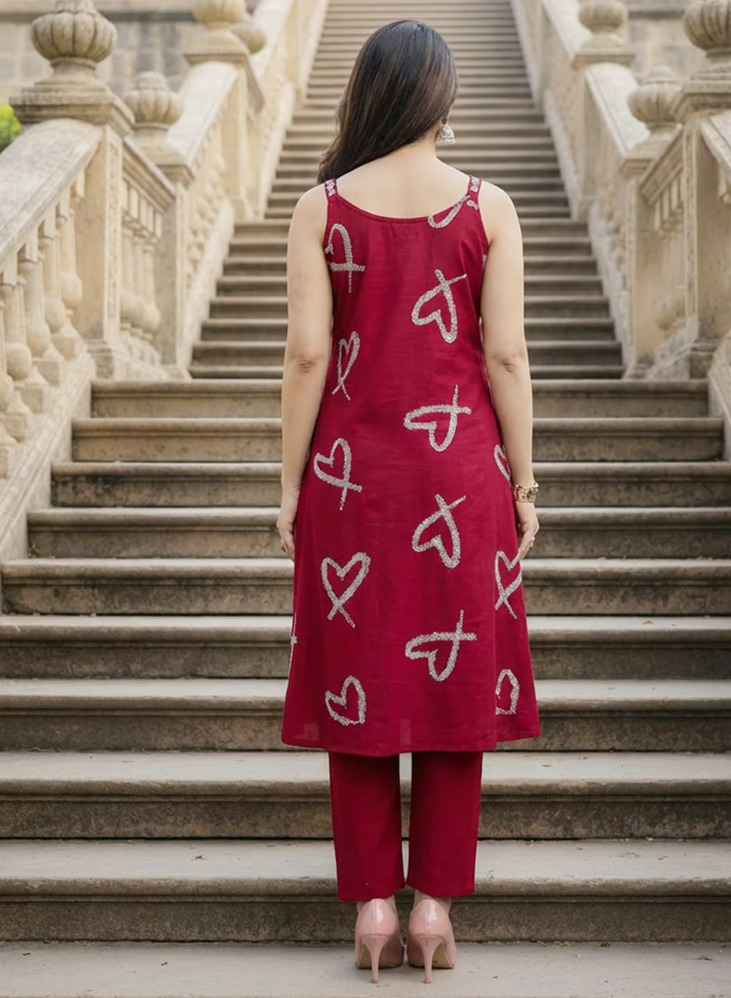 LABEL ARZOO Heart-Embroidered Maroon Co-ord Set