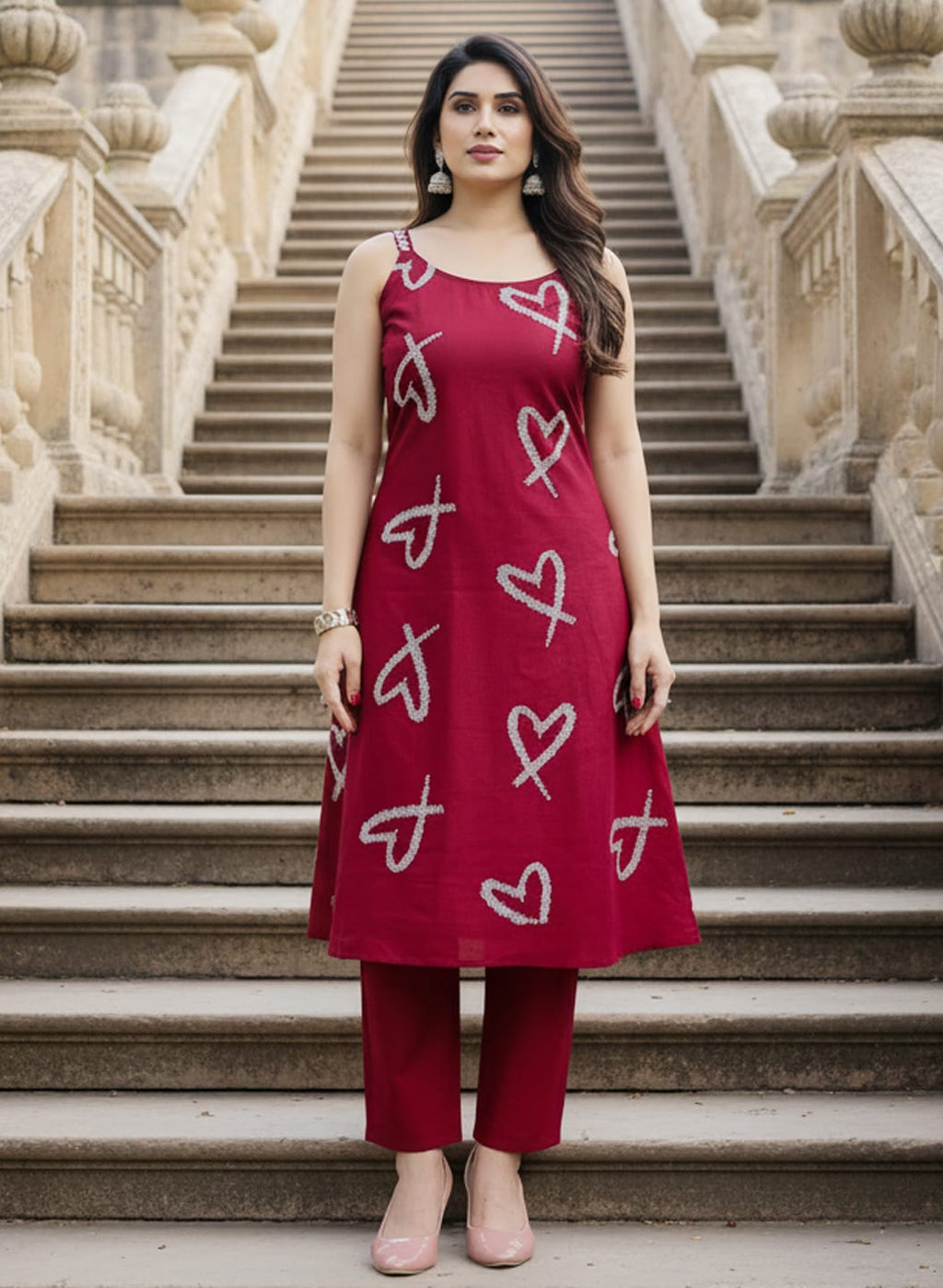 LABEL ARZOO Heart-Embroidered Maroon Co-ord Set