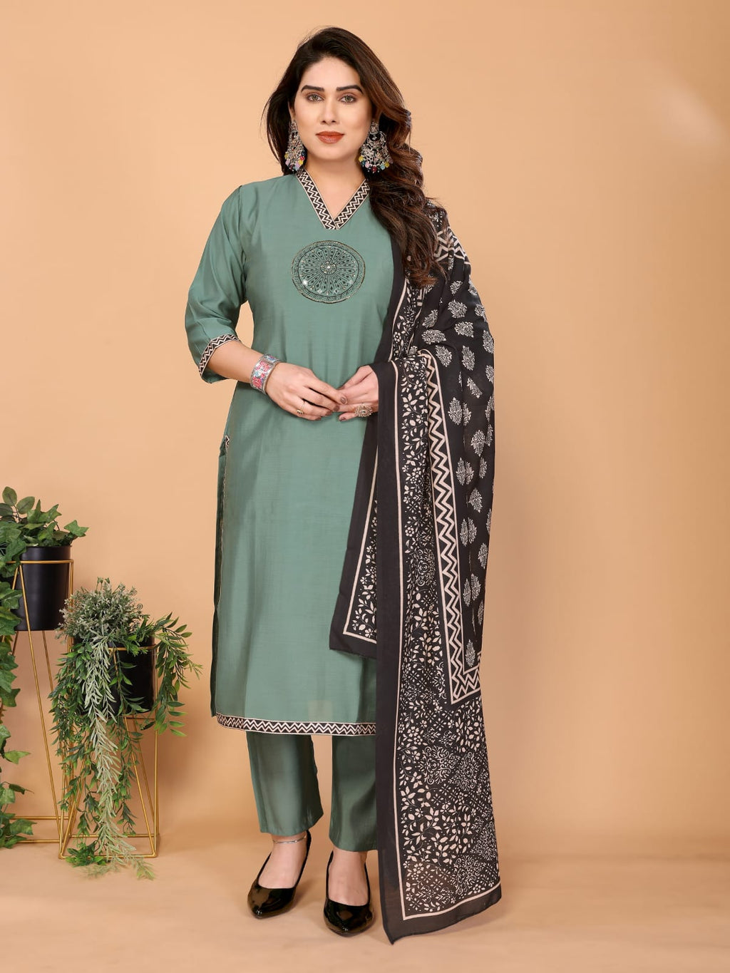 LABEL ARZOO Sage Green Embroidered Kurta Set with Printed Dupatta