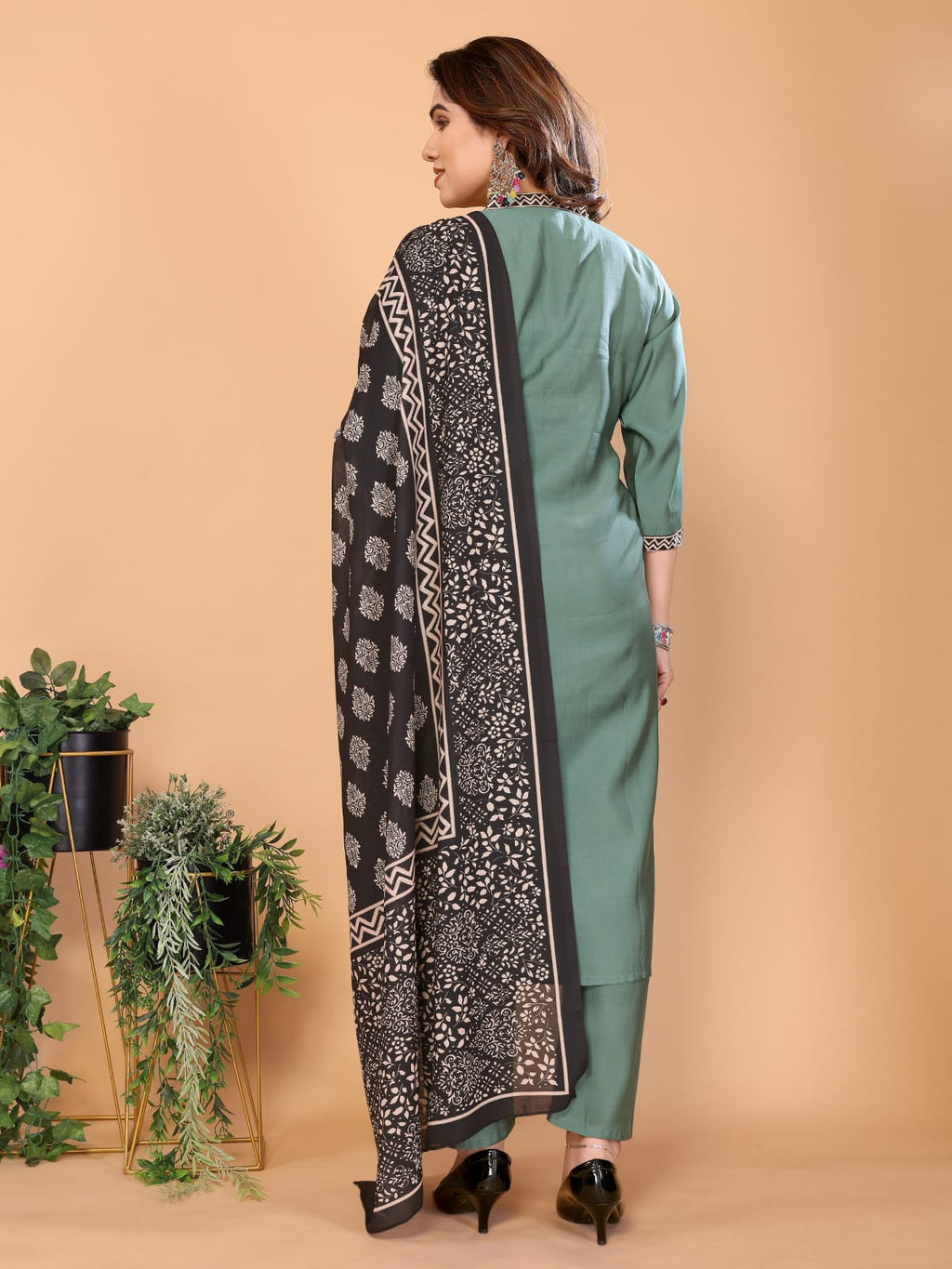 LABEL ARZOO Sage Green Embroidered Kurta Set with Printed Dupatta