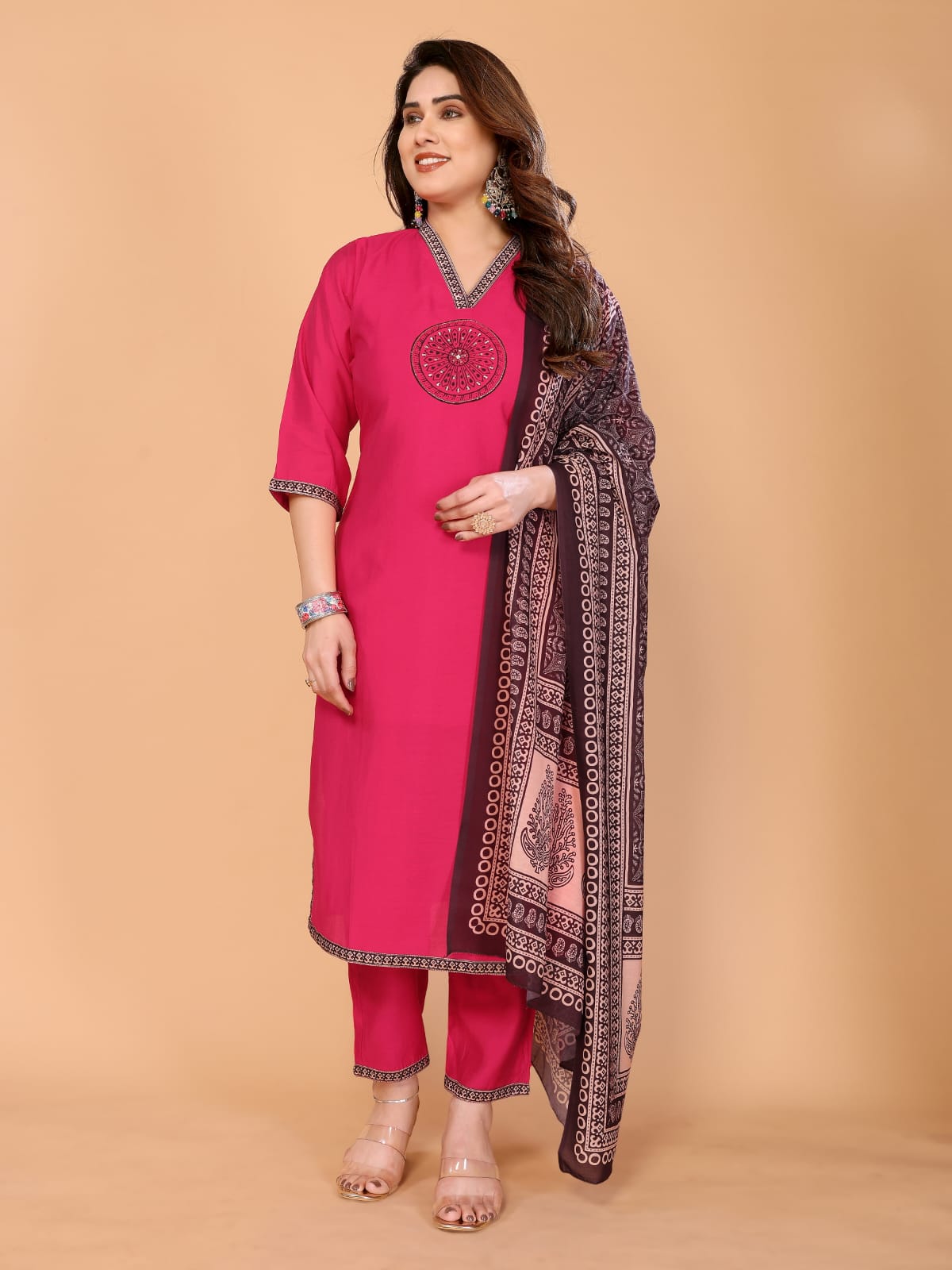 Elegant Magenta Embroidered Salwar Kameez Set with Printed Dupatta