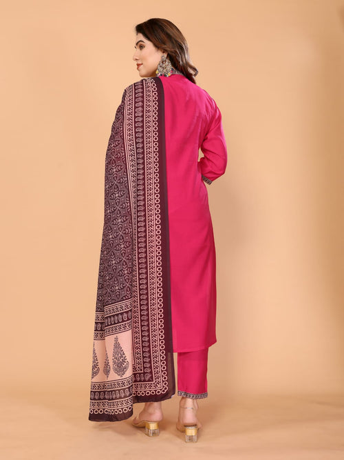 Elegant Magenta Embroidered Salwar Kameez Set with Printed Dupatta