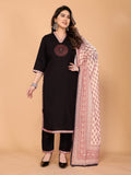 LABEL ARZOO Midnight Black Embroidered V-Neck Kurta Set with Printed Dupatta