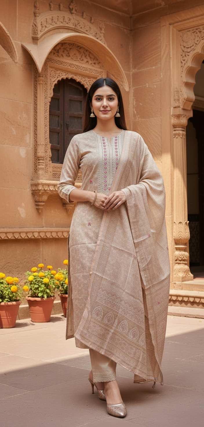Elegant Beige Embroidered Salwar Kameez Set