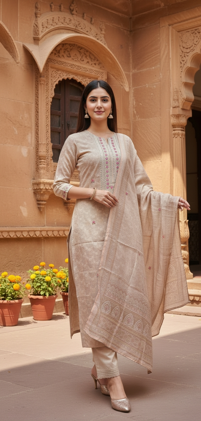 Elegant Beige Embroidered Salwar Kameez Set